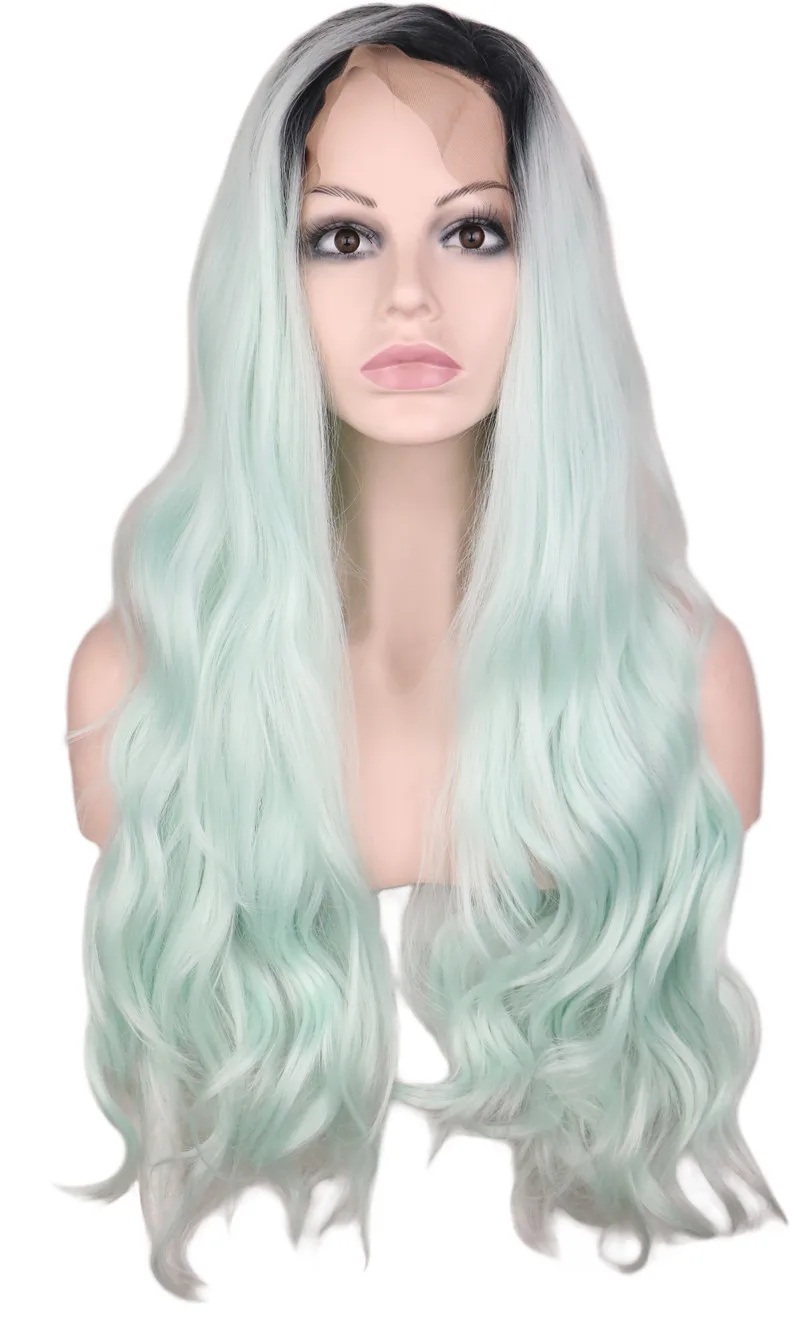 QQXCAIW Long Glueless Wavy Synthetic Lace Front Wig For Women Hair Mint