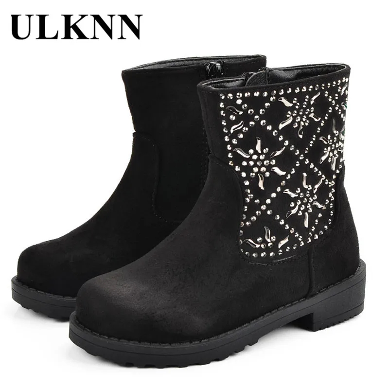 

ULKNN 2018 New Girls Boots Kids Waterproof Shoes Genuine Leather Boot Rhinestone Warm Plush bota infantil Winter Snow Boot