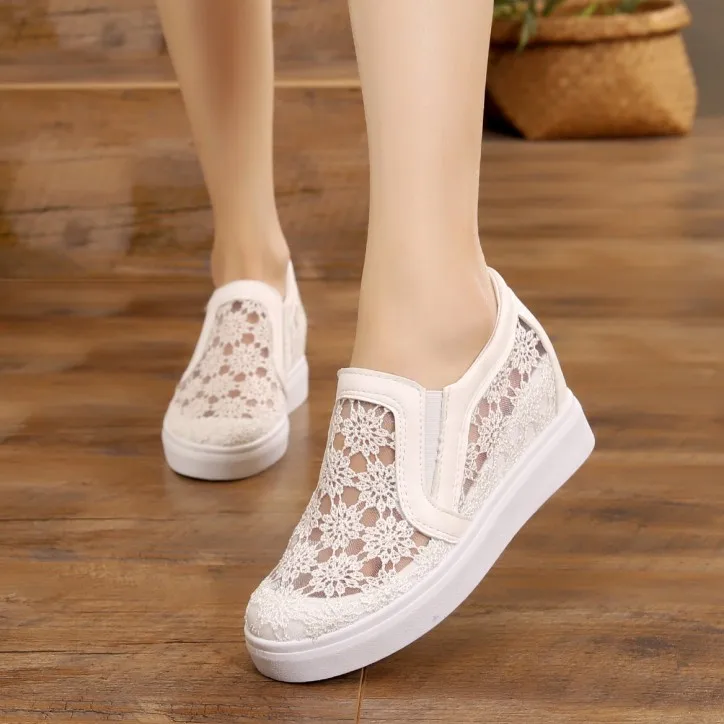 

Womens Summer Lace Sequins Mesh Breathable Hidden Wedge Heel Slip On Loafer Sneakers Shoes Black White A482