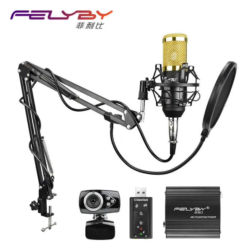 

FELYBY Professional Condenser Microphone BM 800 Audio Studio Recording Mic 48v Phantom Power Usb Sound Card Webcam Video Chat