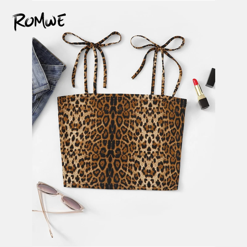 

ROMWE Multicolor Leopard Knot Cami Top Women Summer 2019 Glamorous Spaghetti Strap Slim Fit Highstreet Crop Sexy Vest Tops