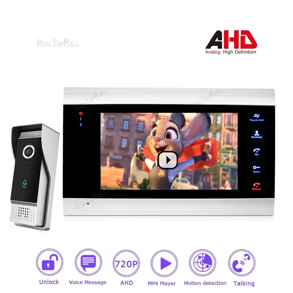 

720P/AHD Intercom 4 Wired 7'' Video Door Phone DoorBell Door Speaker Security System Voice message/Motion Detection/MP4 Player
