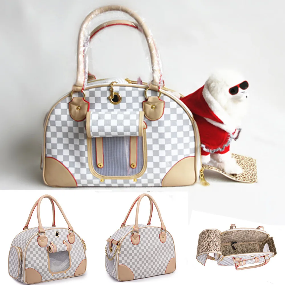 Classic Retro Pet Carrier Dog Bags White Plaid Lea...