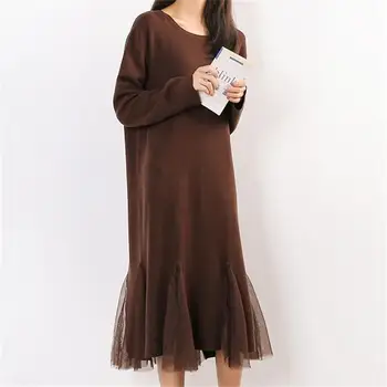 

women's clothing ladies long casual ruffles mesh patchwork knitted sweater dresses women bottom sweater dress