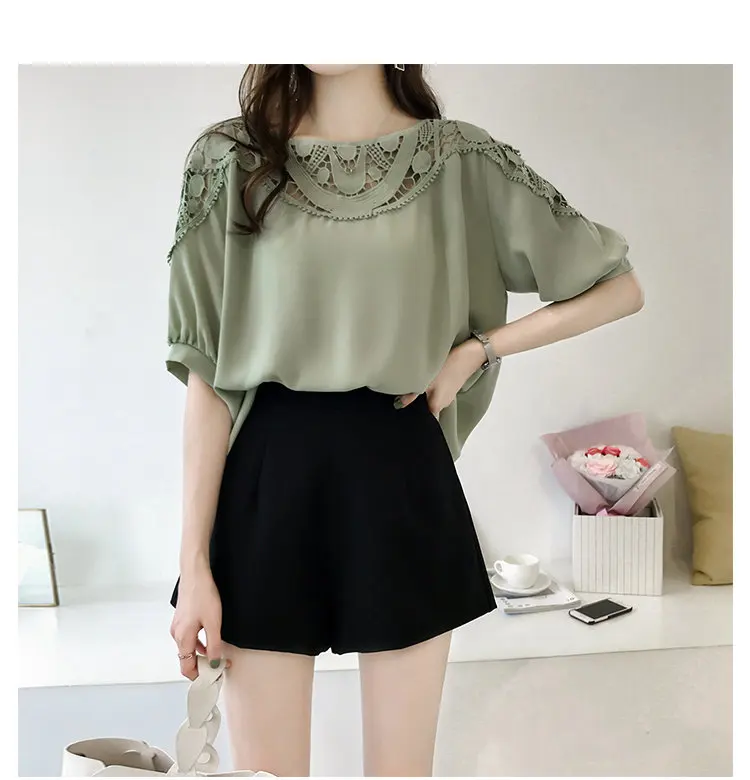 New Summer Tops Large Size Chiffon Blouses Women Korean-style Hollow Lace Patchwork Shirts Femme Casual Short Sleeve Blusas Mujer De Moda 2019 (9)