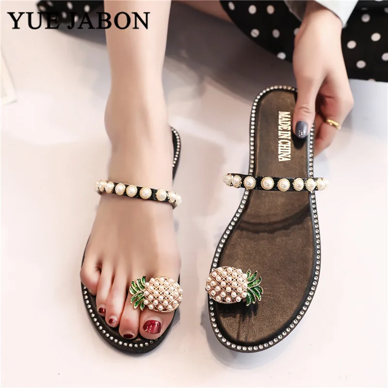 

Women Flat Pearl Thong Slippers Ladies Fashion Clip Toe Slides Female Sewing Comfortable Summer Casual Shoes Outdoor Footwear
