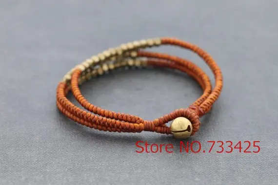 

Cube Rusk Brown Beaded Three Strand Bracelet bangles Handmade woven wax cord bracelet thai style brass bell closure bracelet