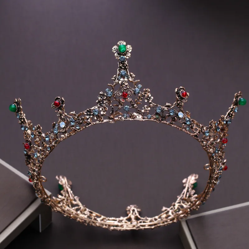 

Retro Metal Plant Design Halo Tiara Crystal Large Round Crown Women Costume Headdress Hair Jewelry for Wedding Bridal Headwear