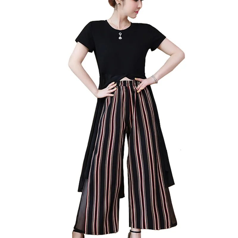 summer style two piece set top and pants plus size chiffon fork split long shirt + striped wide leg women special clothing | Женская