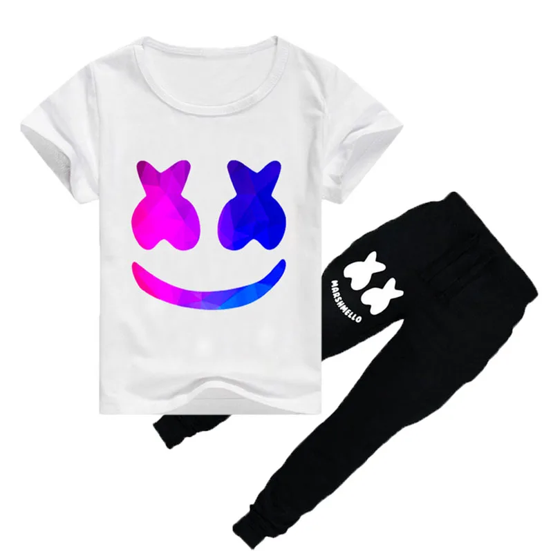 

2019 Children T Shirt + Pants clothes Marshmello dj mask music style girls top tees Summer kids boys t shirt set 3--14 year