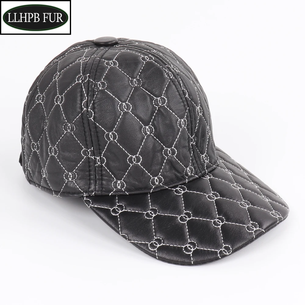 

Casual Plaid Real Sheepskin Leather Caps Male Real Natural Sheep Leather Hats New Men Fashion Fall Winter Leather Baseball Hat