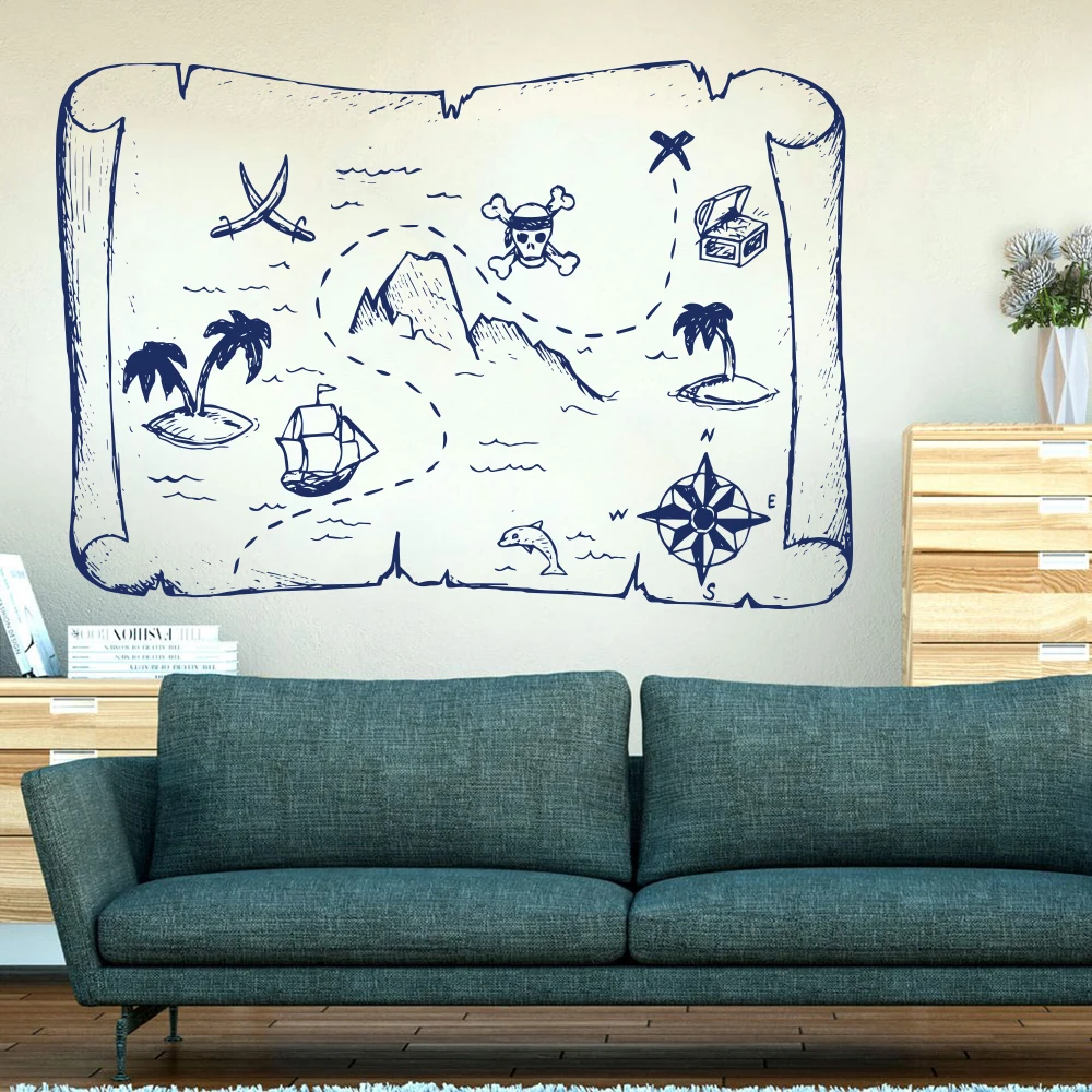 Large Pirate Ship And Treasure Map Wall Sticker Classroom Kids Room Cartoon Pirate Map Wall Decal Nursery Vinyl Home Decor (1)