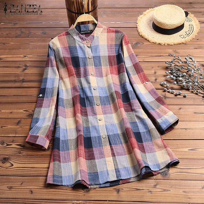 ZANZEA Autumn Vintage Plaid Check Long Shirt Women Long Sleeve Buttons Blouse Tunic Tops Casual Work Blusas Femininas Vestido