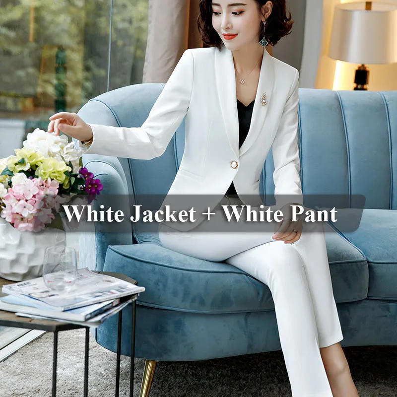 Lenshin комплект из 2 предметов, прямой и гладкий деловой костюм с шалевым воротником и штанами, Офисная форма для женщин, одежда для работы в деловом стиле - Цвет: White Pant Suits
