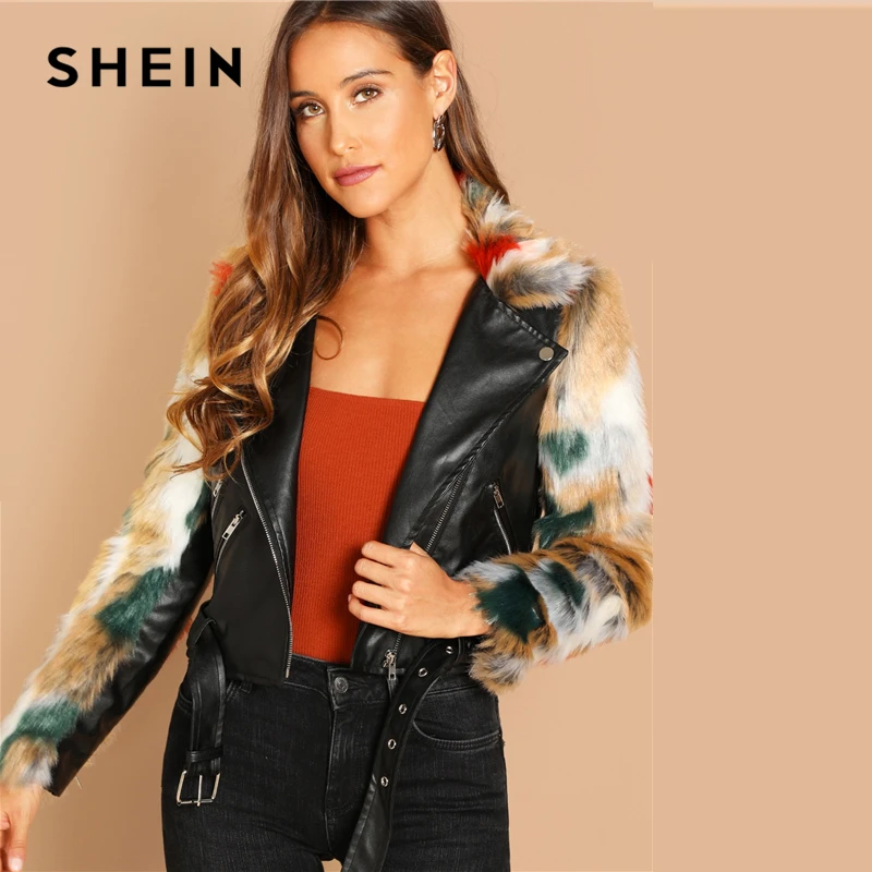 Buy SHEIN Casual Multicolor Faux Fur Sleeve And Collar