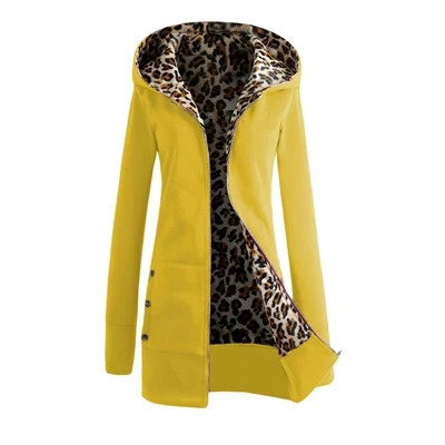 Manubeau леопардовая подкладка пальто размера плюс S-6XL зима Женская Толстая Женская на молнии осеннее теплое пальто длинная куртка с капюшоном верхняя одежда - Цвет: Цвет: желтый