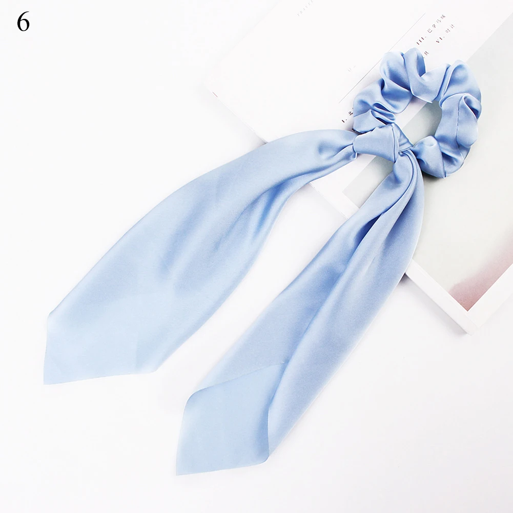 hair band for ladies DIY Solid/Floral Print Bow Satin Long Ribbon Ponytail Scarf Hair Tie Scrunchies Women Girls Elastic Hair Bands Hair Accessories black head scarf