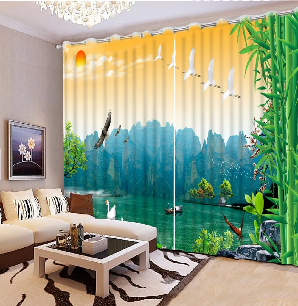 

Pastoral Style Custom bedroom blackout curtains bamboo landscape modern bedroom curtains 3d curtains for living room