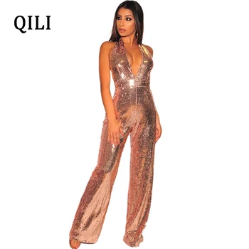 

QILI Women Halter Sequin Jumpsuits Sexy V neck Sleeveless High Waist Wide Leg Jumpsuit Romper Backless Elegant Jumpsuits