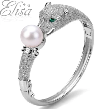 

925 Silver Leopard Bangle 10-11mm Perfectly Round Pearl Bangle Natural Freshwater Pearl Bracelet Luxury Full Zircon Jewelry Gift