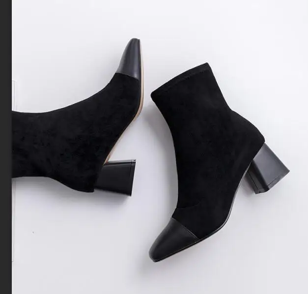 Женские ботинки; женские полуботинки из натуральной коровьей кожи и эластичной замши; модные классические эластичные повседневные ботинки ручной работы с острым носком - Цвет: black