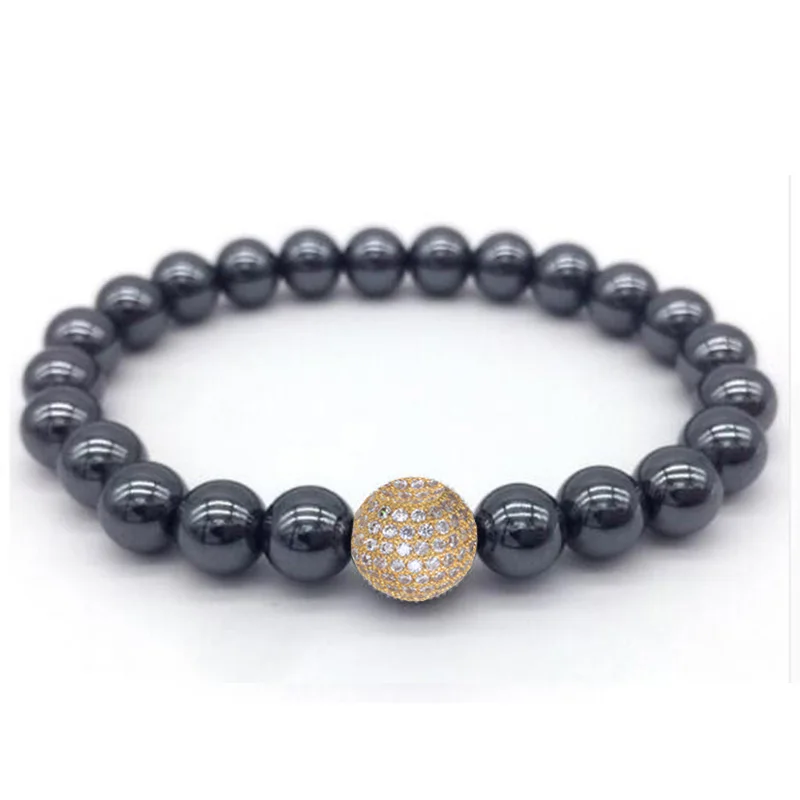 Fashion New Men Women Bracelet 8mm Hematite Beads Pave Black CZ 10mm Ball Charm Bracelet Body Jewelry Bangles Crystal