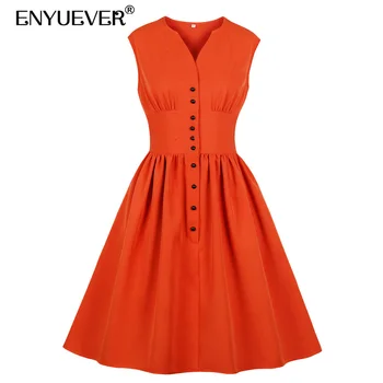 

Enyuever Vintage Summer Dress Plus Size Women 4XL Sleeveless Pinup Orange Button Female Casual Party Rockabilly Dress Vestidos