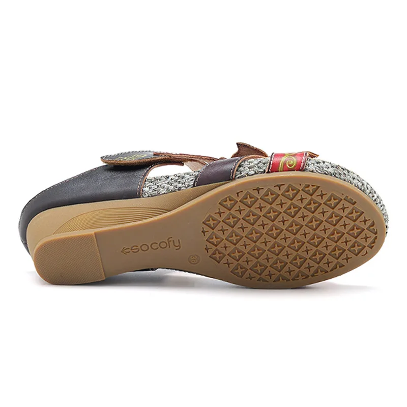 Sandalias De Hecho Genuino Zapatillas Verano rojo A Beige Socofy Deslice Cuero Tacones verde Retro Mujer Zapatos Mano Flor Bohemio Cuña 4Aqwx4a50n