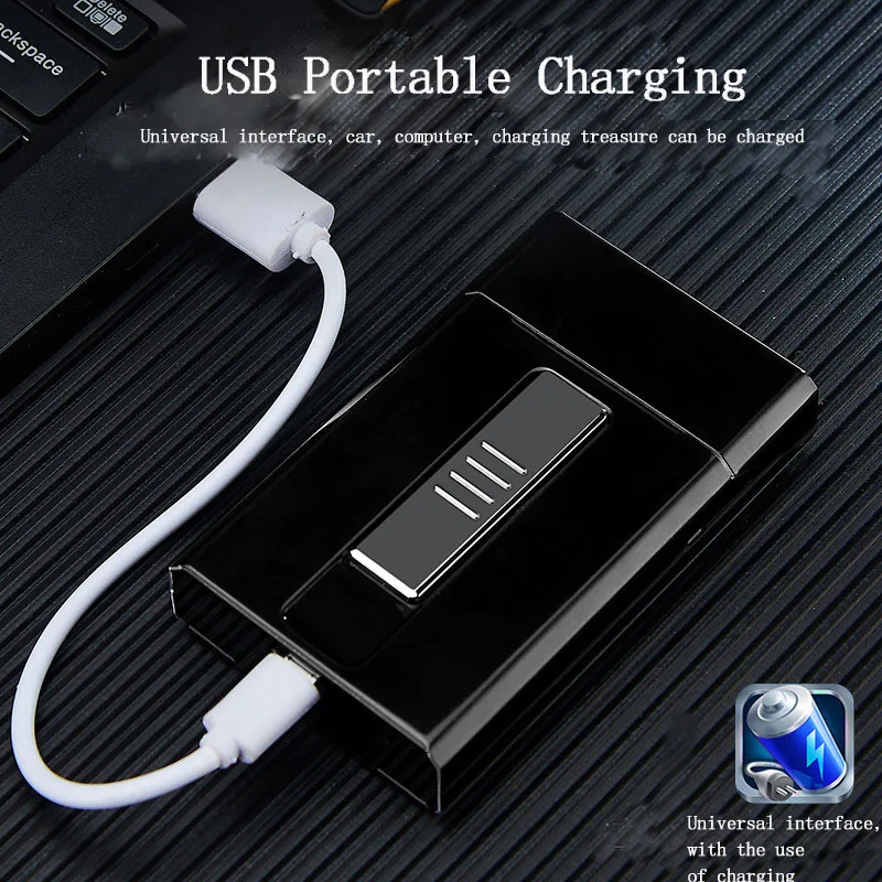  The latest Metal windproof lighter USB charging Electronic lighter Charging cigarette box Can hold 