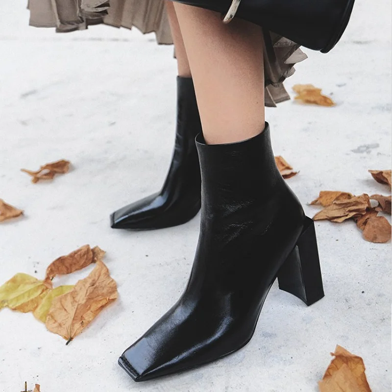 

Vogue Womens Ankle Boot Block Heel Zipper Real Leather New Square Toe Shoes Black White E11