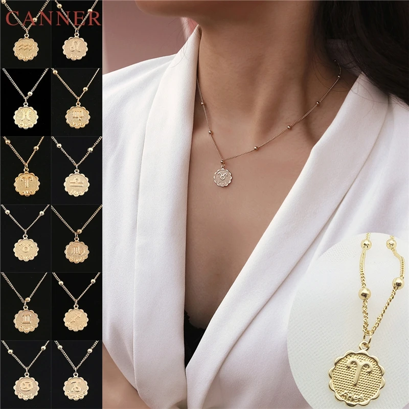 

Gold Color 12 Constellation Pendant Necklace Zodiac Sign Carved Round Coin Necklaces Women Copper Leo Necklace Jewelry C40