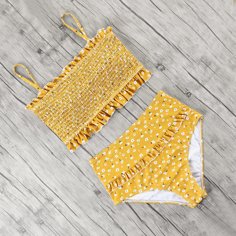 Billig Raucher Bikini Frauen Rüschen Falten Bikini Set 2019 Bademode Frauen Hohe Taille Badeanzug Floral Bedruckte Badeanzug Strand Tragen