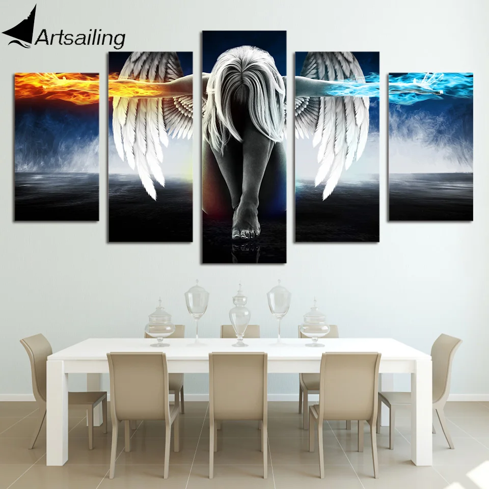 

ArtSailing 5 panel wall art on canvas HD anime Angel Girl Wings Modular decorative framework paintings for living room up-874