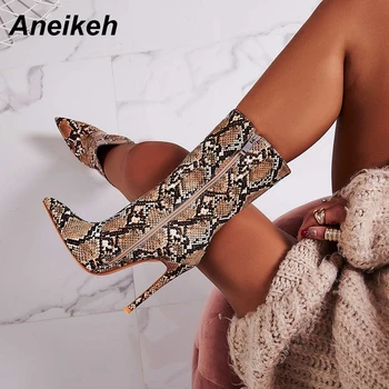 

Aneikeh Classic PU Women Mid-Calf Boots Serpentine Zipper Thin High Heels Shoes Woman Pointed Toe Sexy Apricot Green Size 35-40