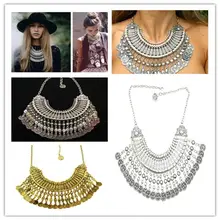 New Bohemia Turkish Gypsy Gold/Silver Necklaces Zamac Jewelry Handcraft Ethnic Coin Fringe Choker Bib Statement Necklace Women stylish coin fringe metal choker necklace