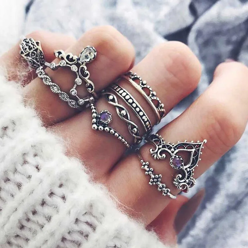 

Fashion 10Pcs/Set Bohemian Hollow Water Drop Pattern Vintage Crystal Fatima Hand Ring Set For Women Midi Finger Jewelry Gifts
