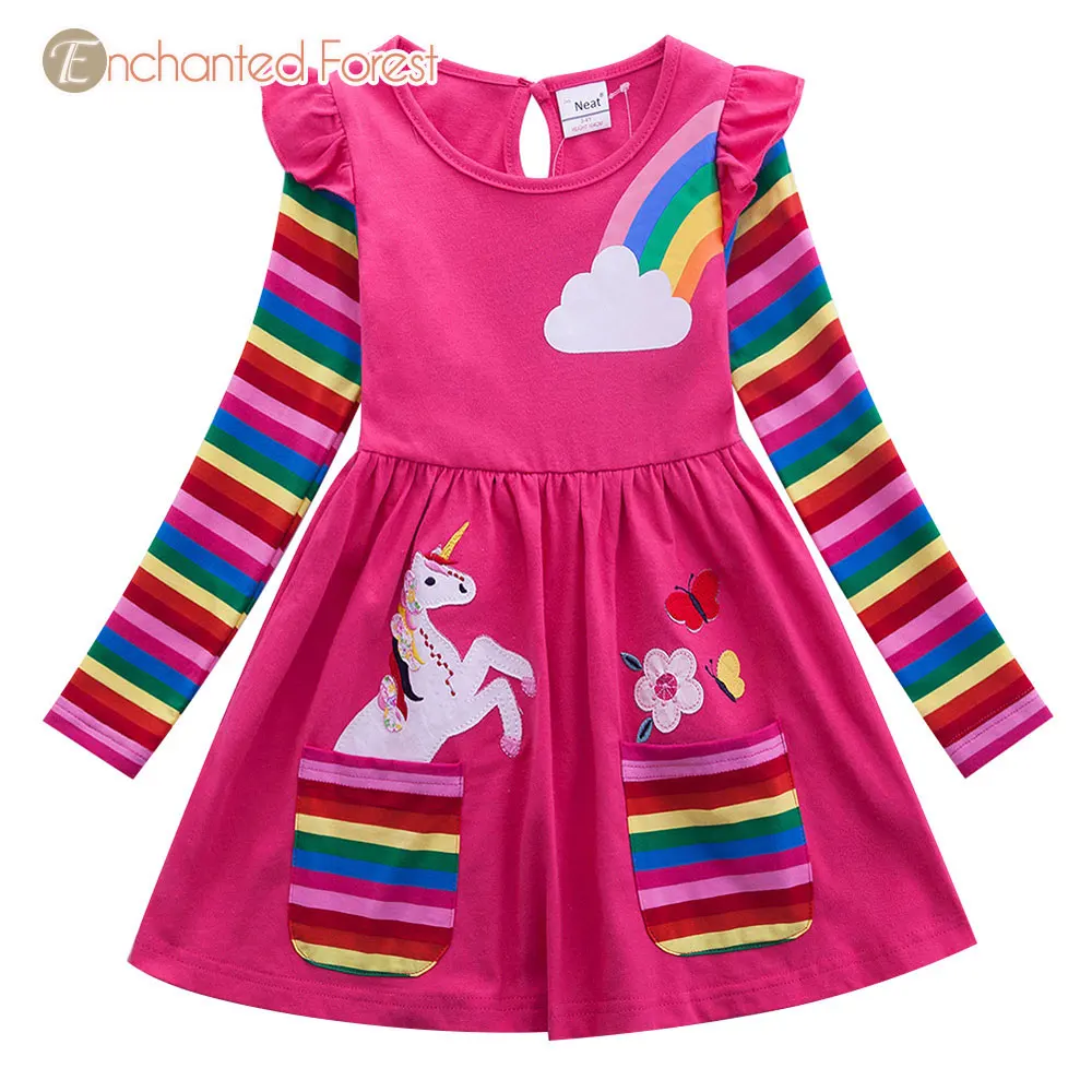 

Girls Dress 100% Cotton Children's Clothes Girls Long Sleeve Unicorn Dress Spring and Autumn Embroidered Pocket Rainbow Sleeve