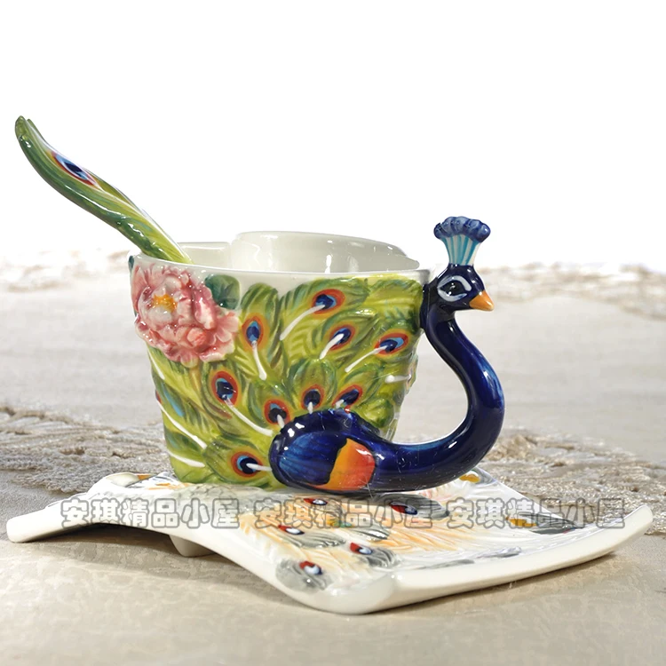 Tea Coffee Mugs Ceramic Peacock Spoon Milk Cup Home Decor Craft