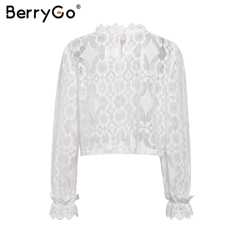 BerryGo кружевная блузка, открытая женская блузка, рубашка, Сексуальная Вышивка, рукав-фонарик, элегантная белая блузка, летняя, прозрачная, ретро