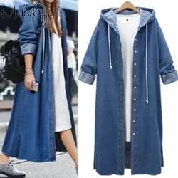 Makuluya 2018 4XL плюс Размеры пальто осень-зима Для женщин ветровка джинсовая шляпе с длинным Стиль Для женщин пальто Однобортный пальто QW66