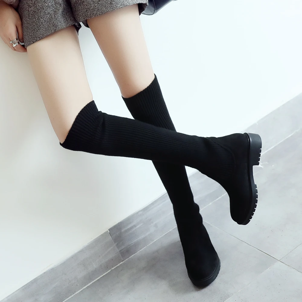 

Women's Over The Knee Boots New Autumn Knitted Shoes Lolita Female Low Heel Skinny Elastic Stocking Round Toe Boots Plus Size
