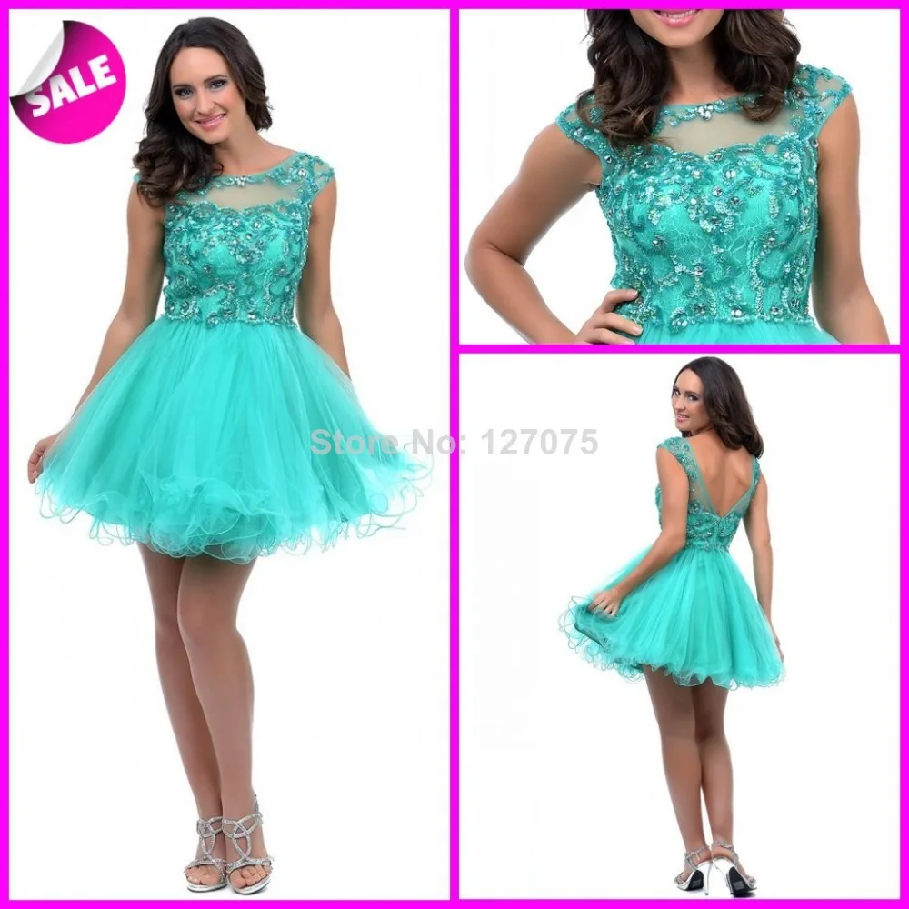 New Arrival ! Free Shipping 2014 Hunter Unique Scoop Sequin Beads Lace Tulle Ball Gown Above Knee Homecoming Dress |