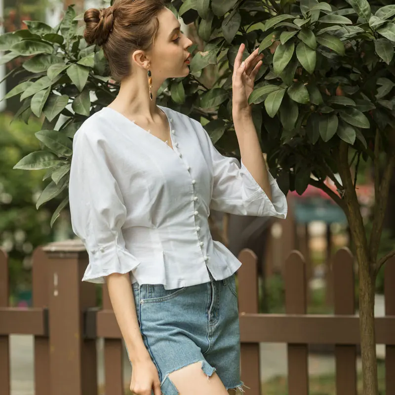 Bella Philosophy Spring Summer Cotton Linen Women Victoria Court Blouse Puff Sleeve French Style Female Blouse Buttons Shirt 4