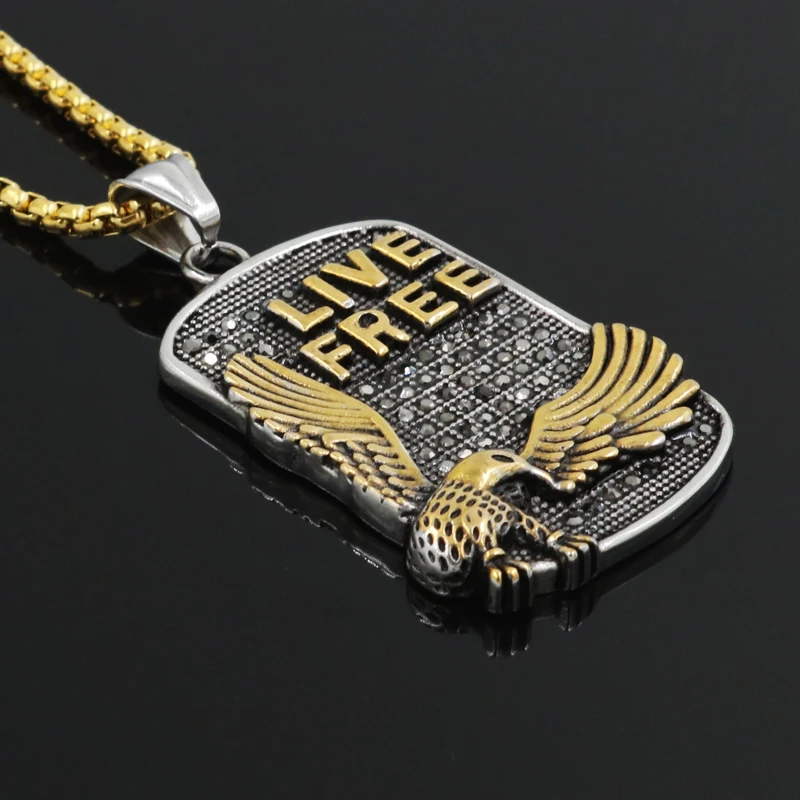 

1 2018 New Punk Two Tone Gold Color Titanium Stainless Steel LIVE FREE Eagle Pendants Necklaces for Men Cool Jewelry Wholesale