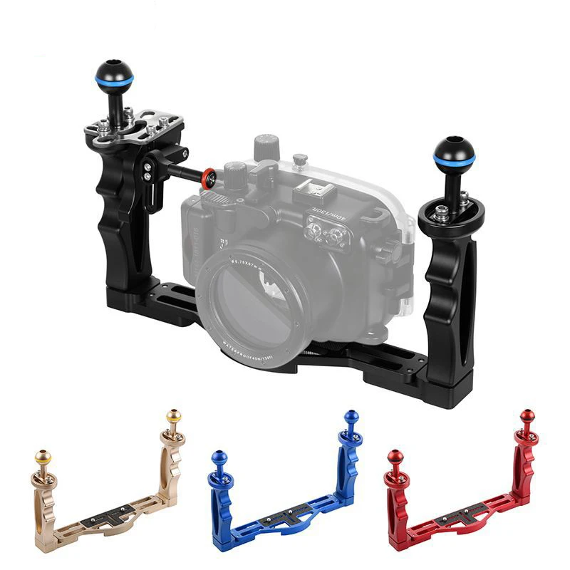 

CNC Aluminum Alloy Dual Handgrips with Ball Head Adaptor for Diving Flash Lights Handheld Stabilizer for Canon Nikon DSLR Camera