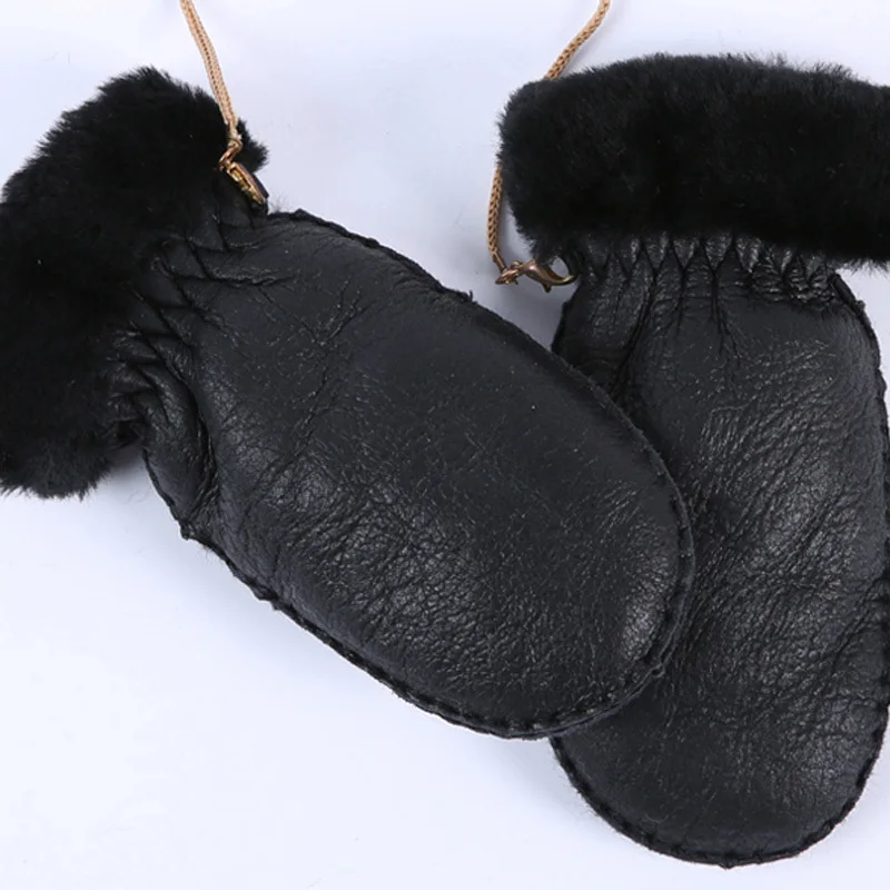 Winter 1-5 Years old Kids Warm Gloves Natural Sheep Fur for Boys Girls Children's Thick Mittens Outdoor Handmade and Lics