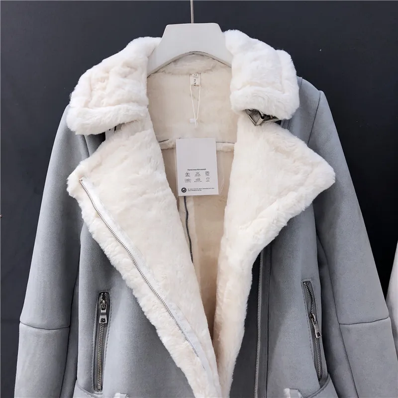 rose Suede En Manteaux Ciel Longues Laine Haute Beige Agneaux Cachemire kaki Femelle Fourrure Daim Décontracté À Plus Streetwear pu Veste Épaissir Manches Chaud 4annxBT