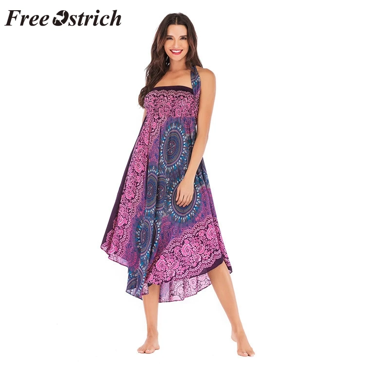 

FREE OSTRICH Spring Summer Dress Womens 2019 Hippie Bohemian Gypsy Boho Flowers Elastic Floral Print Beach Ankle-Length Dress