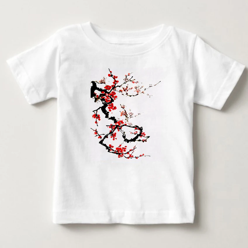 

Children trendy T-shirt Chinese style plum blossom printed T-shirt boy girl 100% cotton Tshirt light plum blossoms dyed silk