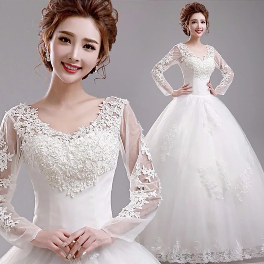 

Fansmile 2019 New Arrival Robe De Mariage Princess Sleeve Lace Ball Gown Wedding Dress Custom Made Vestido De Noiva FSM-583F